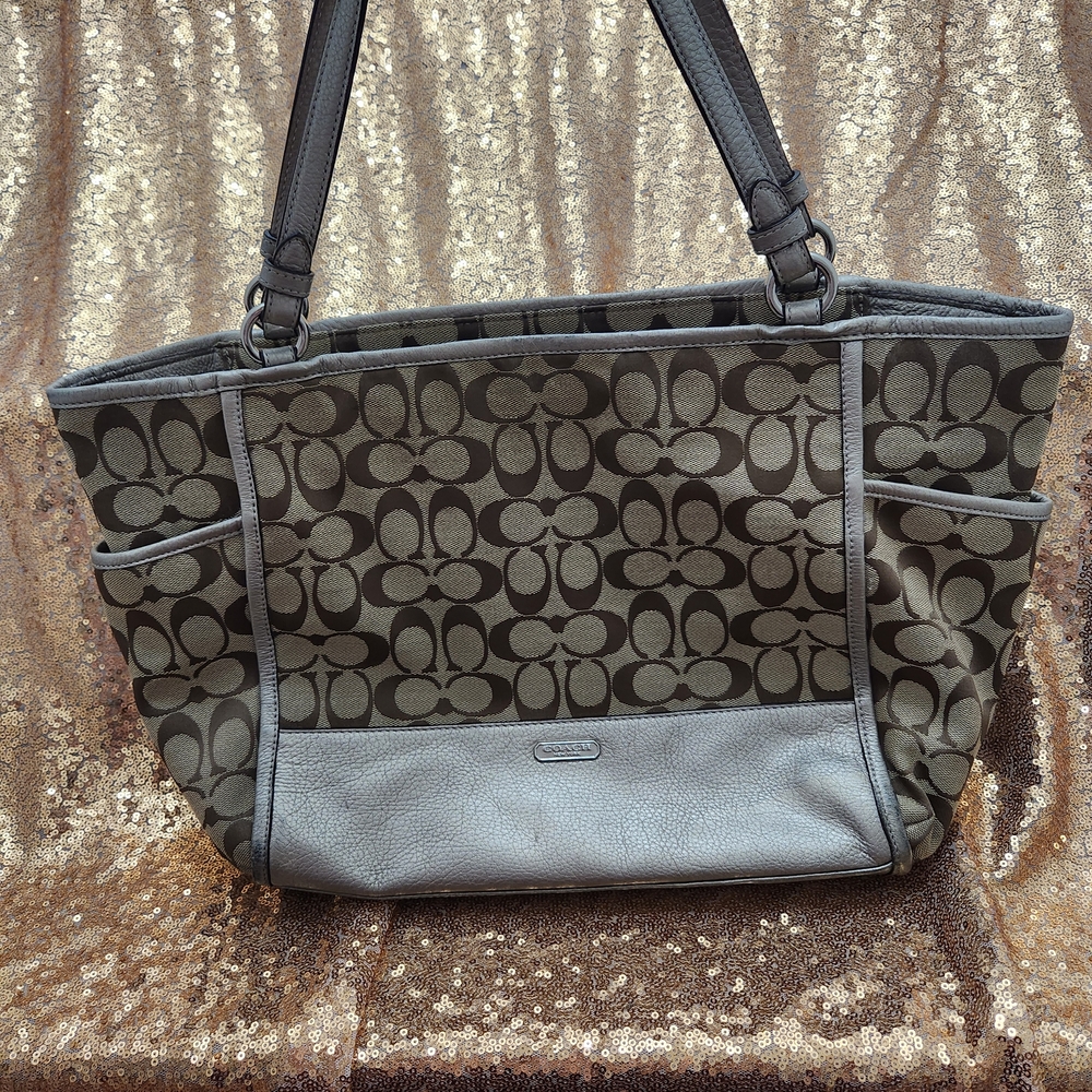 Coach Brown Silver Trim Logo Tote Bag